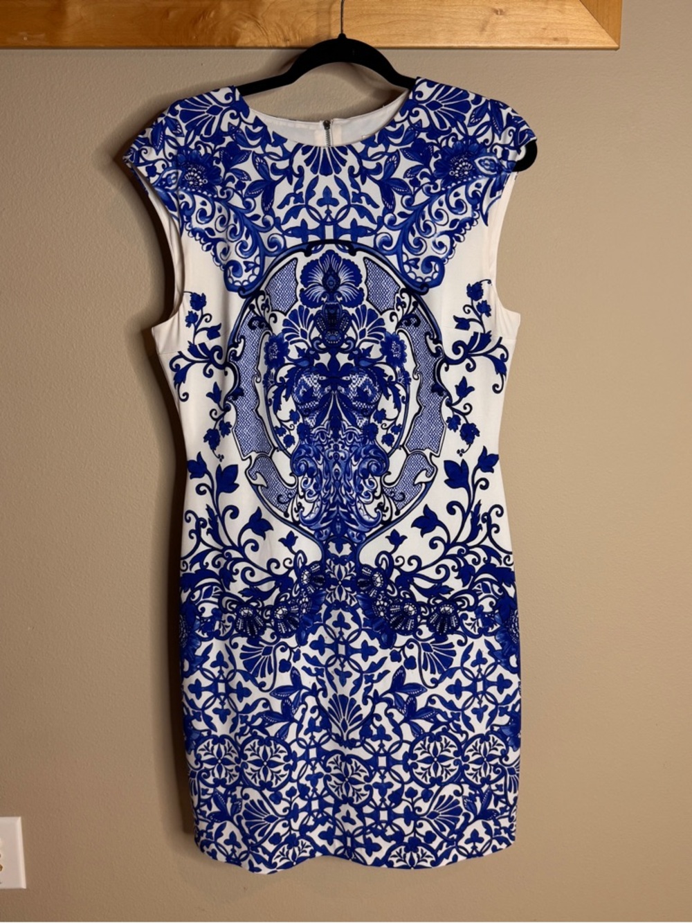 Boston Proper Sleeveless White Dress with Blue Ornate Print